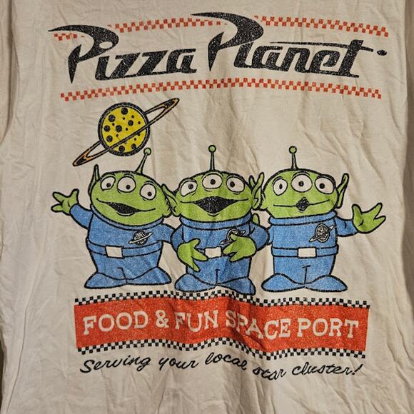 Large Toy Story Mens Pizza Planet Food & Fun Space Port White Shirt - Picture 2 of 3